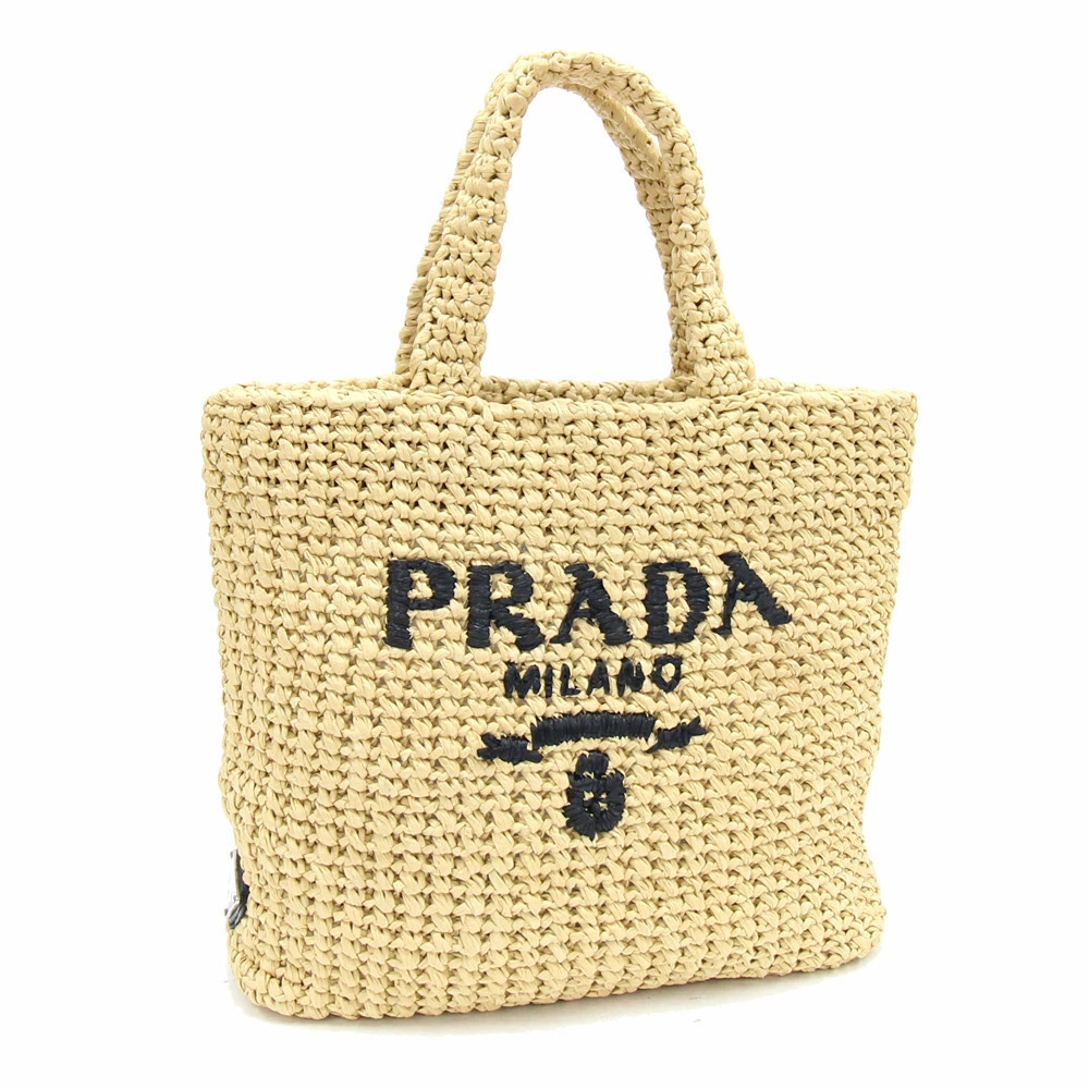 Prada Crochet Tote Bag Raffia Embroidery Triangle